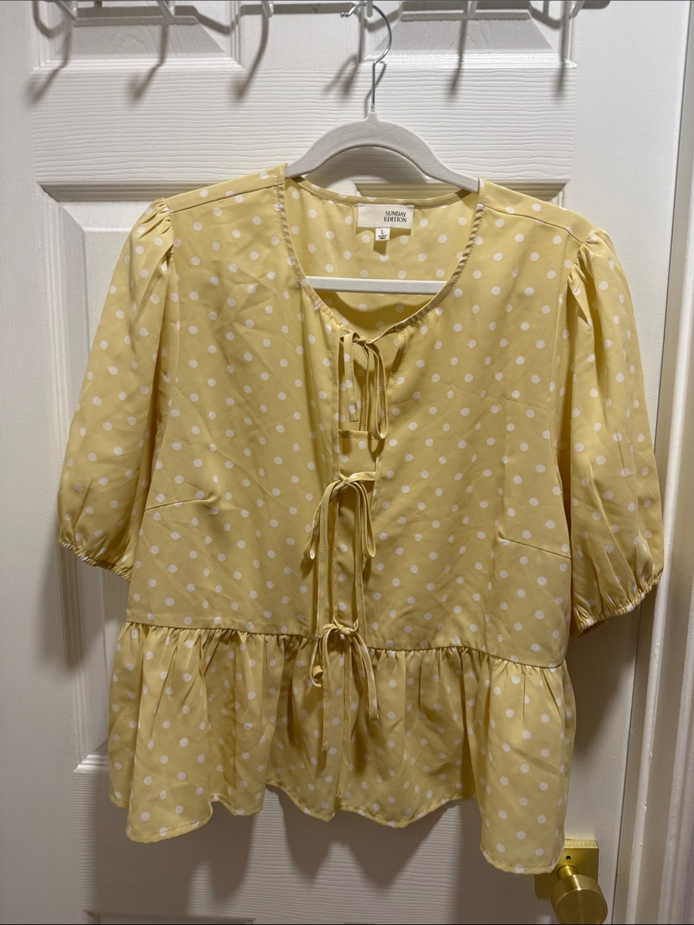 Versona Yellow Polka Dot Tie-Front Peplum Blouse